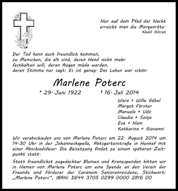 Anzeige von Marlene Poterc von Kölner Stadt-Anzeiger / Kölnische Rundschau / Express
