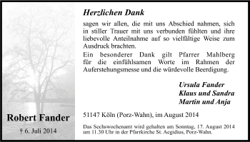 Anzeige von Robert Fander von Kölner Stadt-Anzeiger / Kölnische Rundschau / Express
