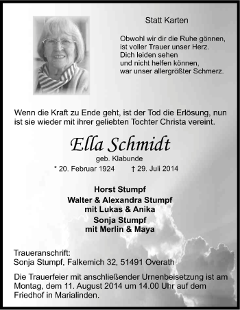 Anzeige von Ella Schmidt von Kölner Stadt-Anzeiger / Kölnische Rundschau / Express
