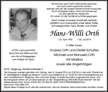Anzeige von Hans-Willi Orth von Kölner Stadt-Anzeiger / Kölnische Rundschau / Express