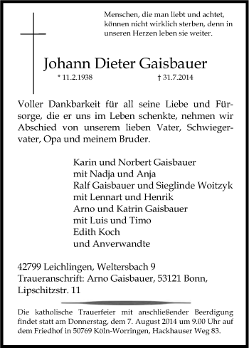 Anzeige von Johann Dieter Gaisbauer von Kölner Stadt-Anzeiger / Kölnische Rundschau / Express