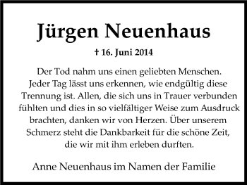 Anzeige von Jürgen Neuenhaus von Kölner Stadt-Anzeiger / Kölnische Rundschau / Express