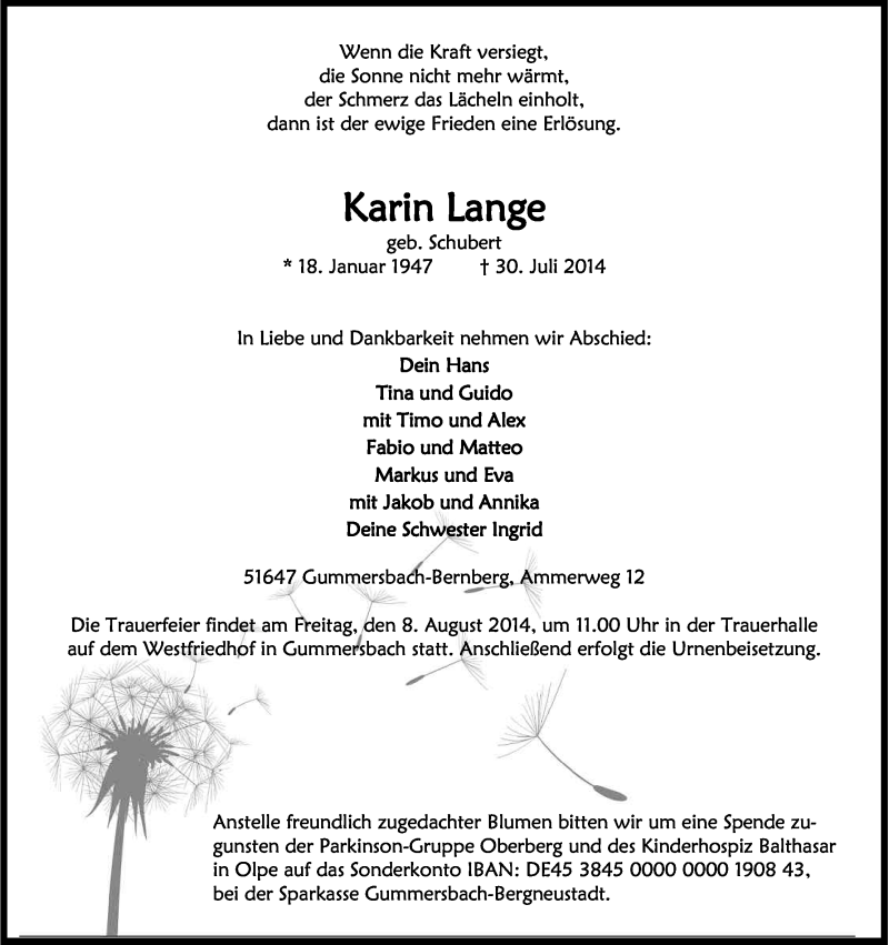  Traueranzeige für Karin Lange vom 05.08.2014 aus Kölner Stadt-Anzeiger / Kölnische Rundschau / Express