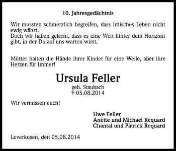 Anzeige von Ursula Feller von Kölner Stadt-Anzeiger / Kölnische Rundschau / Express