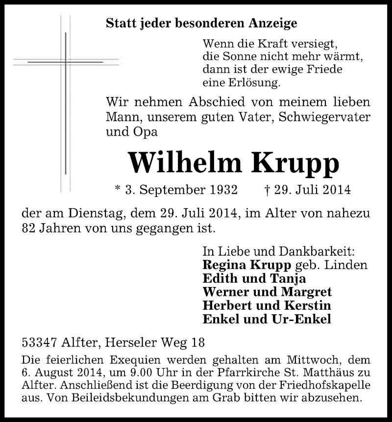  Traueranzeige für Wilhelm Krupp vom 04.08.2014 aus Kölner Stadt-Anzeiger / Kölnische Rundschau / Express