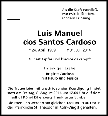 Anzeige von Luis Manuel dos Santos Cardoso von Kölner Stadt-Anzeiger / Kölnische Rundschau / Express