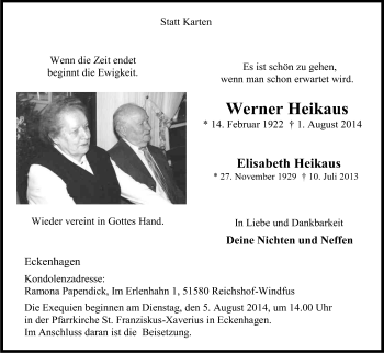 Anzeige von Werner und Elisabeth Heikaus von Kölner Stadt-Anzeiger / Kölnische Rundschau / Express