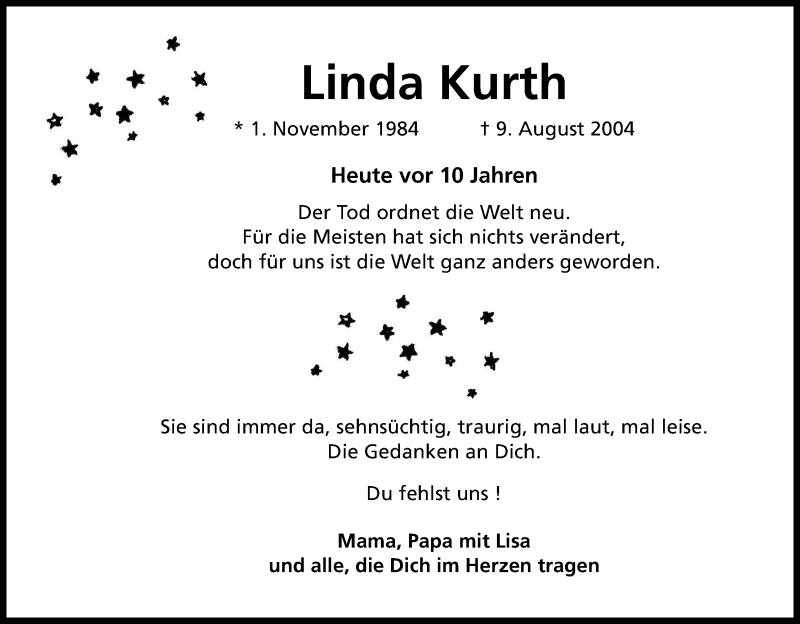  Traueranzeige für Linda Kurth vom 09.08.2014 aus Kölner Stadt-Anzeiger / Kölnische Rundschau / Express