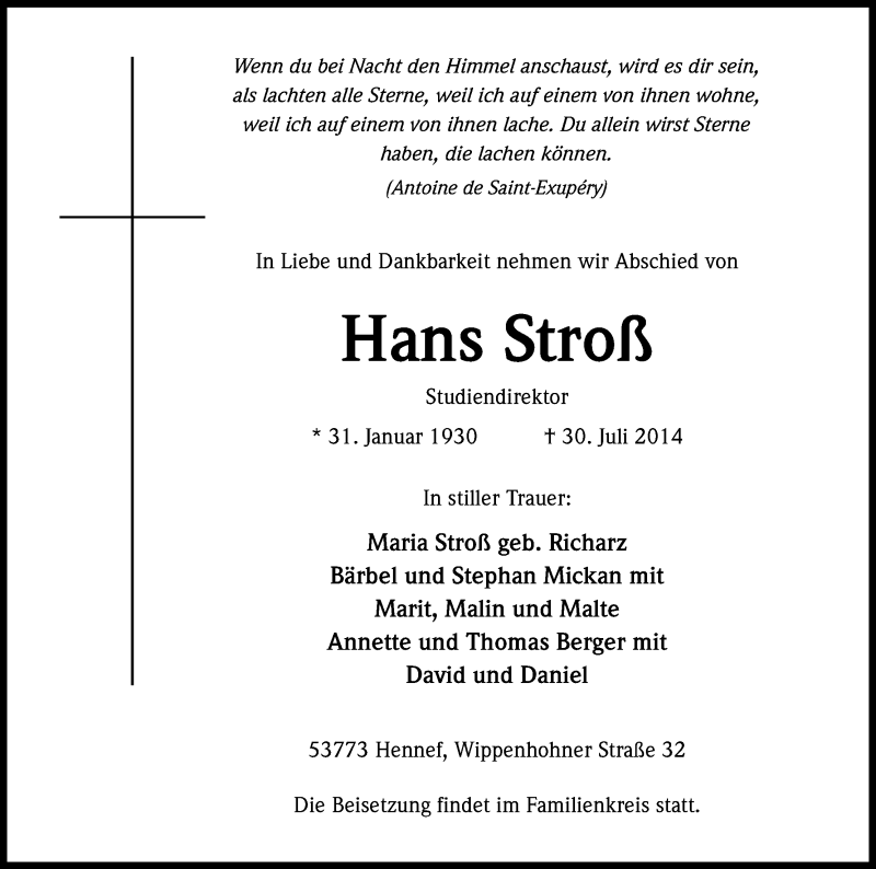  Traueranzeige für Hans Stroß vom 04.08.2014 aus Kölner Stadt-Anzeiger / Kölnische Rundschau / Express