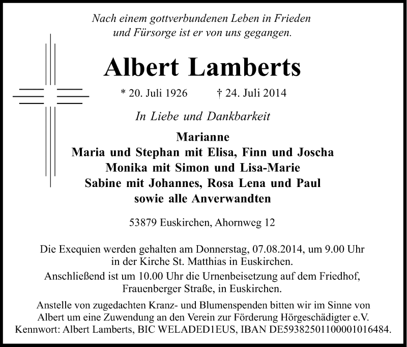 Traueranzeige für Albert Lamberts vom 04.08.2014 aus Kölner Stadt-Anzeiger / Kölnische Rundschau / Express