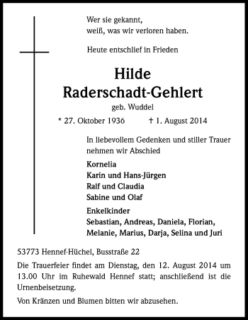 Anzeige von Hilde Raderschadt-Gehlert von Kölner Stadt-Anzeiger / Kölnische Rundschau / Express