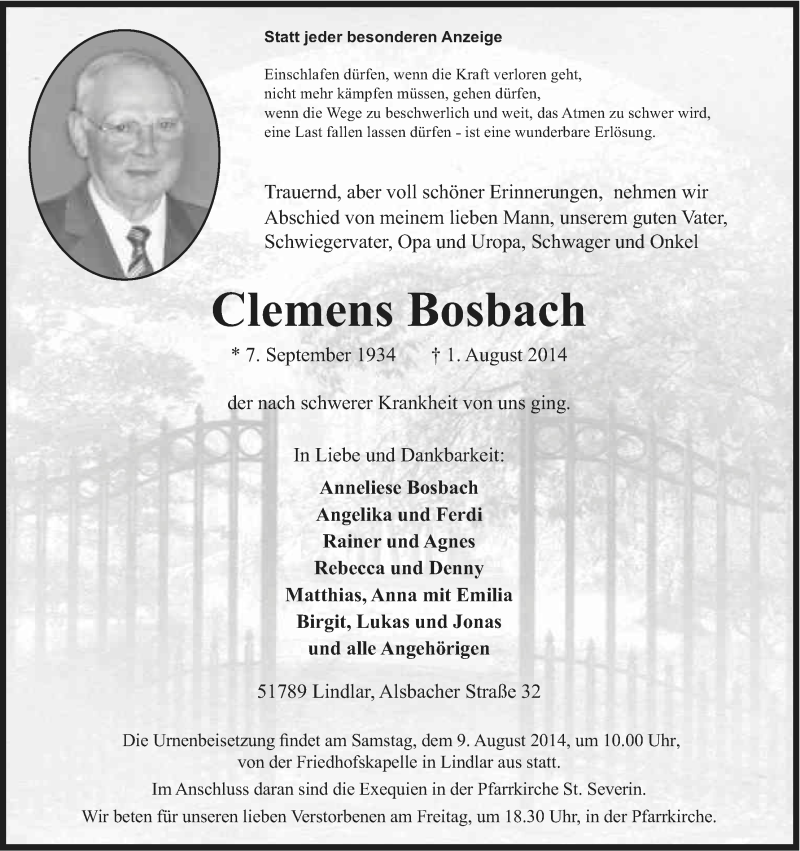  Traueranzeige für Clemens Bosbach vom 05.08.2014 aus Kölner Stadt-Anzeiger / Kölnische Rundschau / Express