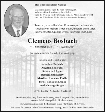 Anzeige von Clemens Bosbach von Kölner Stadt-Anzeiger / Kölnische Rundschau / Express