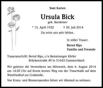 Anzeige von Ursula Bick von Kölner Stadt-Anzeiger / Kölnische Rundschau / Express