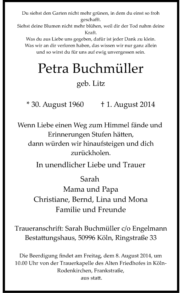  Traueranzeige für Petra Buchmüller vom 06.08.2014 aus Kölner Stadt-Anzeiger / Kölnische Rundschau / Express