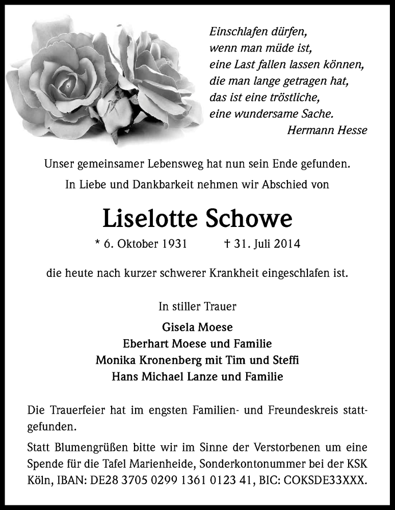  Traueranzeige für Lieselotte Schowe vom 09.08.2014 aus Kölner Stadt-Anzeiger / Kölnische Rundschau / Express