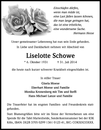 Anzeige von Lieselotte Schowe von Kölner Stadt-Anzeiger / Kölnische Rundschau / Express