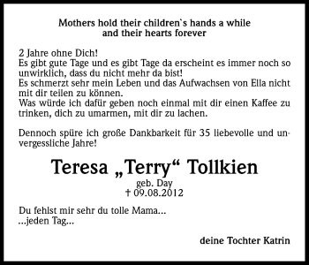 Anzeige von Teresa  Tollkien von Kölner Stadt-Anzeiger / Kölnische Rundschau / Express
