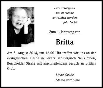 Anzeige von Britta  von Kölner Stadt-Anzeiger / Kölnische Rundschau / Express