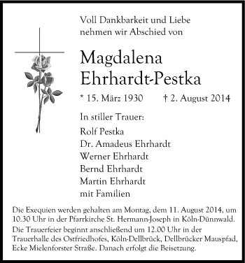 Anzeige von Magdalena Ehrhardt-Pestka von Kölner Stadt-Anzeiger / Kölnische Rundschau / Express