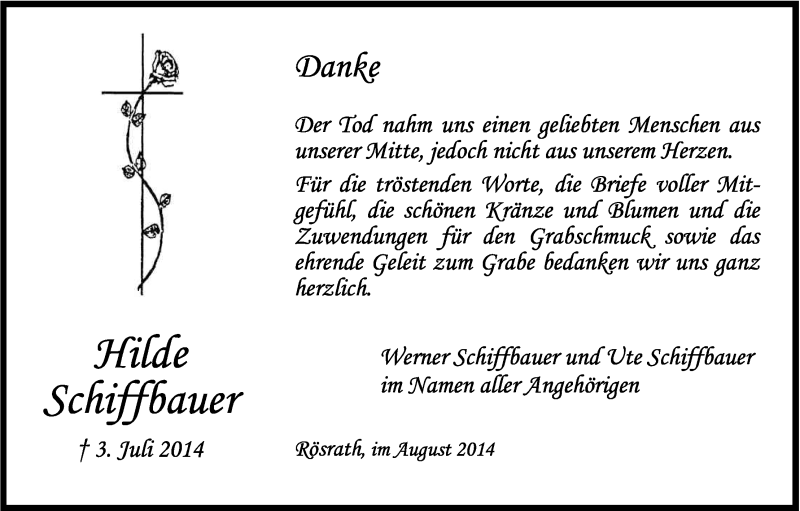  Traueranzeige für Hilde Schiffbauer vom 06.08.2014 aus Kölner Stadt-Anzeiger / Kölnische Rundschau / Express