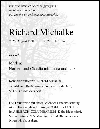 Anzeige von Richard Michalke von Kölner Stadt-Anzeiger / Kölnische Rundschau / Express