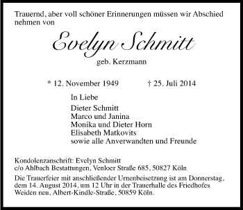 Anzeige von Evelyn Schmitt von Kölner Stadt-Anzeiger / Kölnische Rundschau / Express