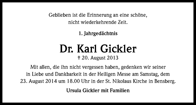 Traueranzeige für Karl Gickler vom 20.08.2014 aus Kölner Stadt-Anzeiger / Kölnische Rundschau / Express