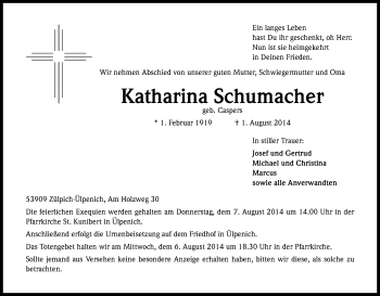 Anzeige von Katharina Schumacher von Kölner Stadt-Anzeiger / Kölnische Rundschau / Express