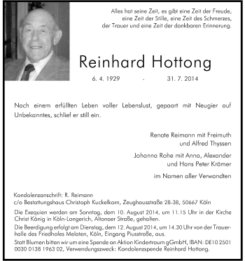 Anzeige von Reinhard Hottong von Kölner Stadt-Anzeiger / Kölnische Rundschau / Express