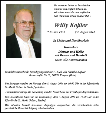 Anzeige von Willy Koßler von Kölner Stadt-Anzeiger / Kölnische Rundschau / Express