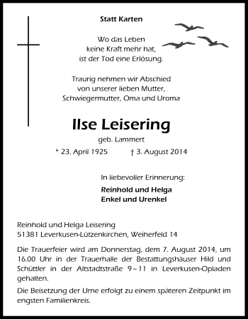 Anzeige von Ilse Leisering von Kölner Stadt-Anzeiger / Kölnische Rundschau / Express