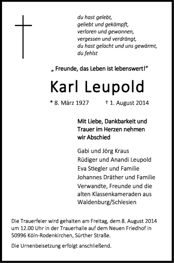 Anzeige von Karl Leupold von Kölner Stadt-Anzeiger / Kölnische Rundschau / Express
