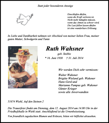 Anzeige von Ruth Wahsner von Kölner Stadt-Anzeiger / Kölnische Rundschau / Express