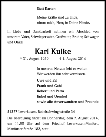 Anzeige von Karl Kulke von Kölner Stadt-Anzeiger / Kölnische Rundschau / Express