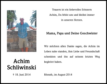 Anzeige von Achim Schliwinski von Kölner Stadt-Anzeiger / Kölnische Rundschau / Express
