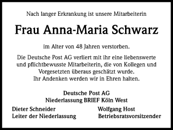 Anzeige von Anna-Maria Schwarz von Kölner Stadt-Anzeiger / Kölnische Rundschau / Express