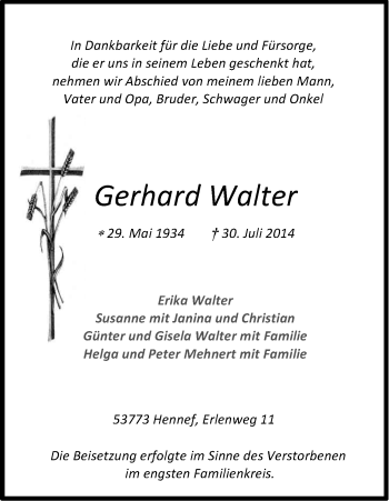 Anzeige von Gerhard Walter von Kölner Stadt-Anzeiger / Kölnische Rundschau / Express