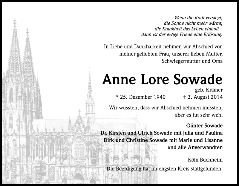  Traueranzeige für Anne Lore Sowade vom 12.08.2014 aus Kölner Stadt-Anzeiger / Kölnische Rundschau / Express