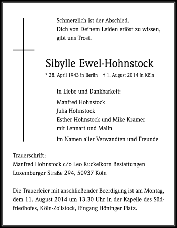 Anzeige von Sibylle Ewel-Hohnstock von Kölner Stadt-Anzeiger / Kölnische Rundschau / Express