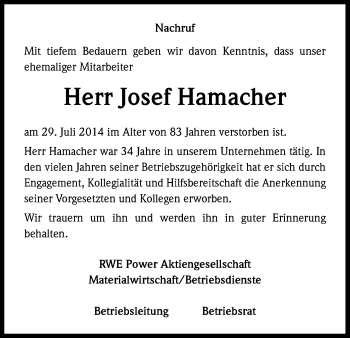 Anzeige von Josef Hamacher von Kölner Stadt-Anzeiger / Kölnische Rundschau / Express