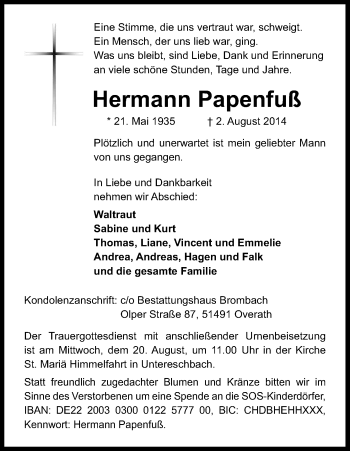 Anzeige von Hermann Papenfuß von Kölner Stadt-Anzeiger / Kölnische Rundschau / Express