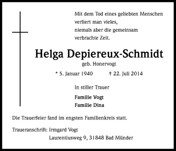 Anzeige von Helga Depiereux- Schmidt von Kölner Stadt-Anzeiger / Kölnische Rundschau / Express