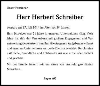 Anzeige von Herbert Schreiber von Kölner Stadt-Anzeiger / Kölnische Rundschau / Express