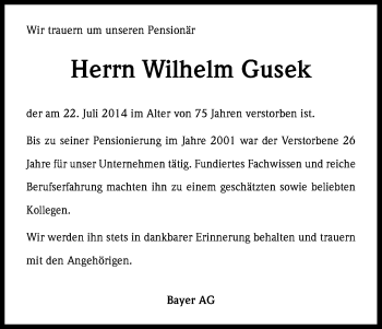 Anzeige von Wilhelm Gusek von Kölner Stadt-Anzeiger / Kölnische Rundschau / Express