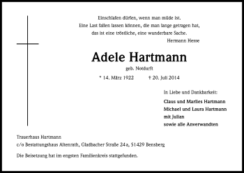 Anzeige von Adele Hartmann von Kölner Stadt-Anzeiger / Kölnische Rundschau / Express