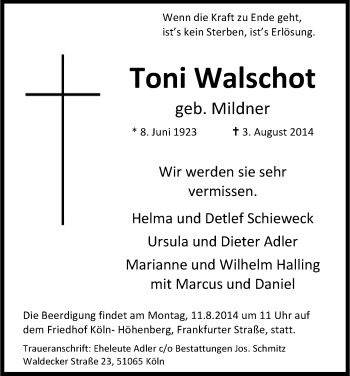 Anzeige von Toni Walschot von Kölner Stadt-Anzeiger / Kölnische Rundschau / Express