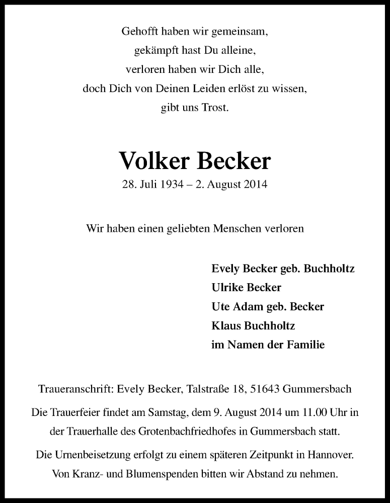  Traueranzeige für Volker Becker vom 07.08.2014 aus Kölner Stadt-Anzeiger / Kölnische Rundschau / Express
