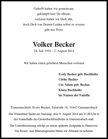 Anzeige von Volker Becker von Kölner Stadt-Anzeiger / Kölnische Rundschau / Express