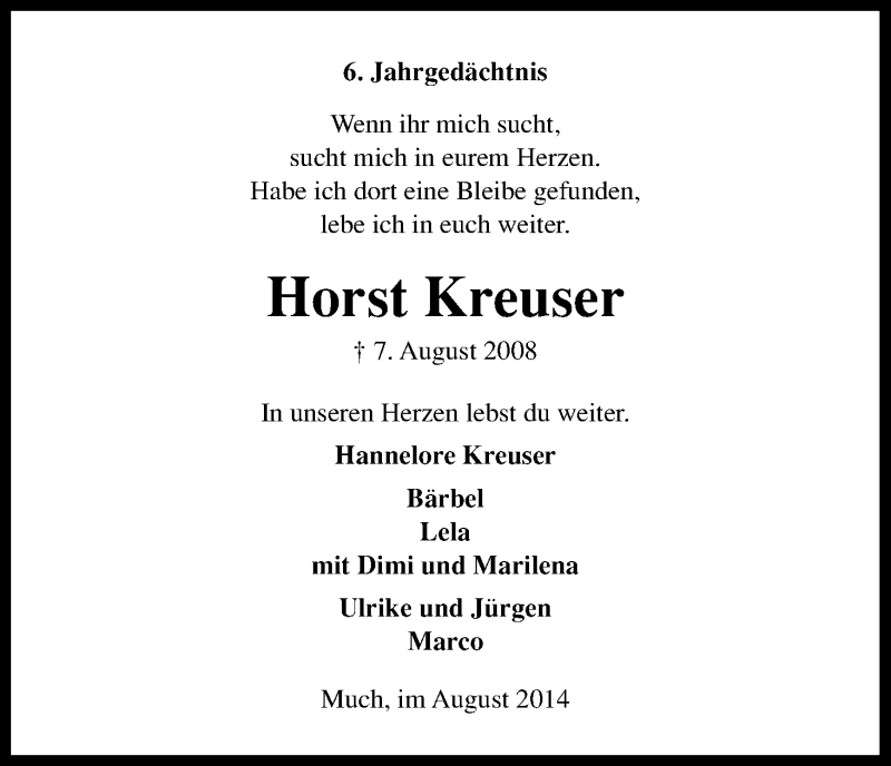  Traueranzeige für Horst Kreuser vom 07.08.2014 aus Kölner Stadt-Anzeiger / Kölnische Rundschau / Express